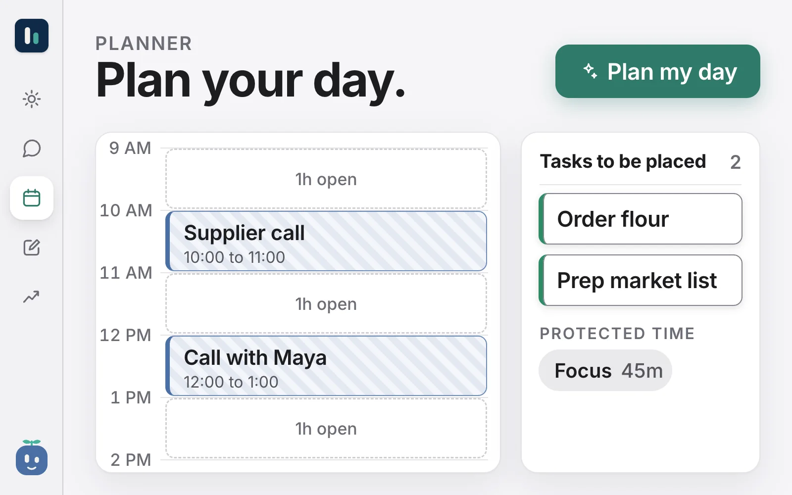 SideKick's Planner: two meetings on the day, with tasks ready to be placed around them.